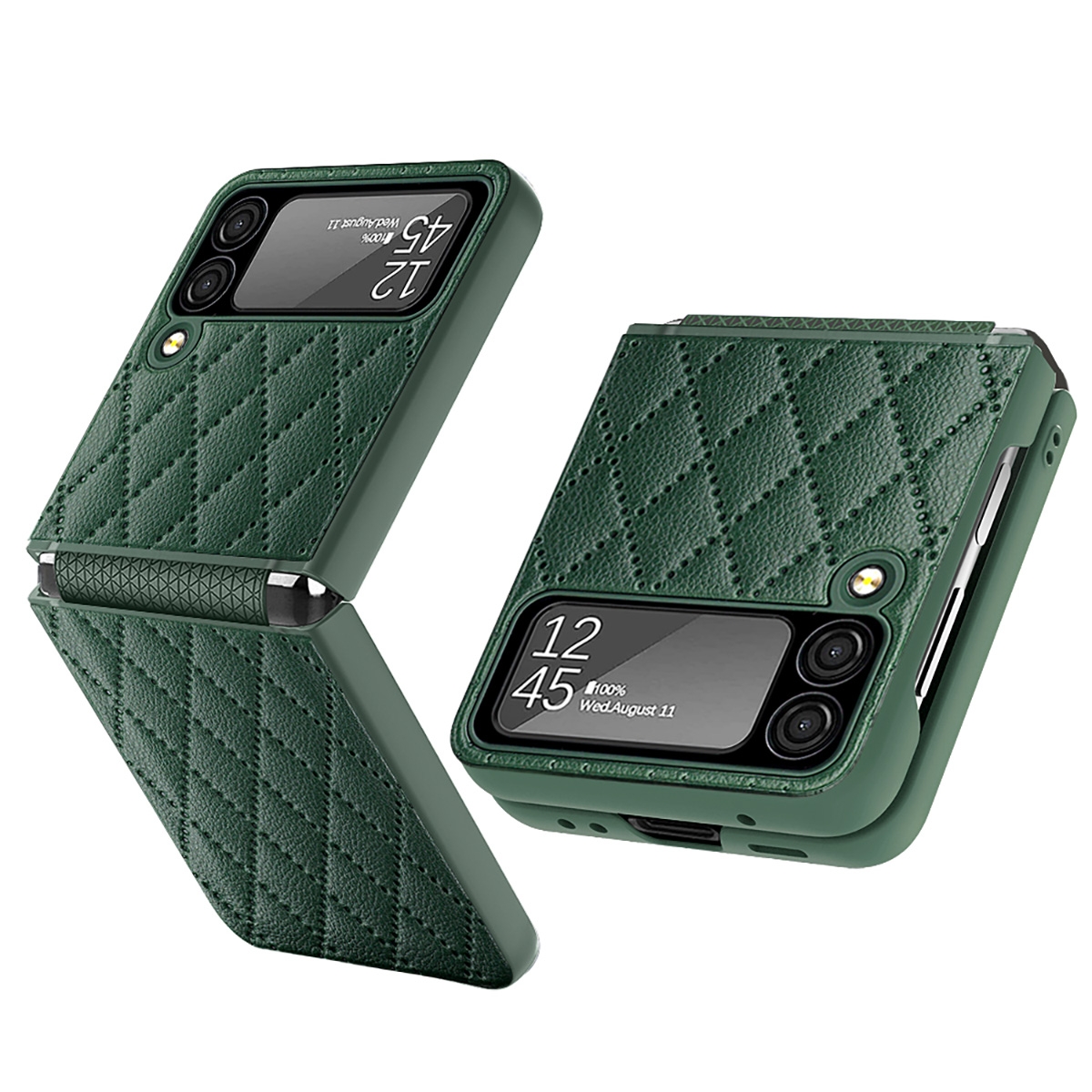 CS-HM-SS-F06 42E01 Rhomboid Leather Case with Camera Lens Protector for Samsung Galaxy Z Flip 4 5G - Green