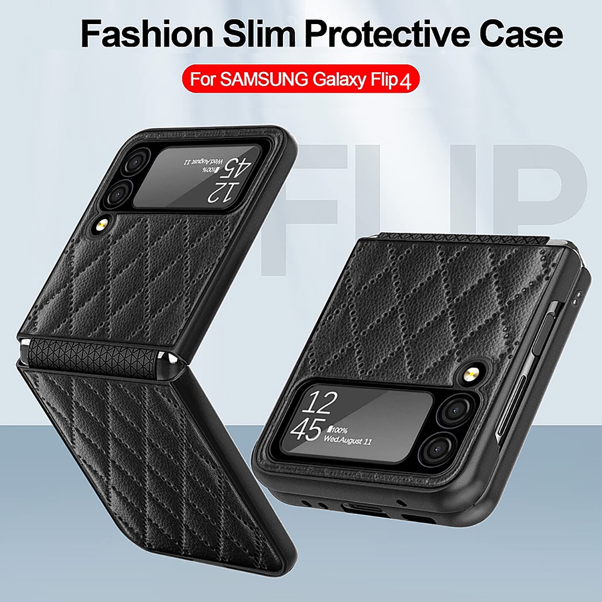 CS-HM-SS-F06 42A01 Rhomboid Leather Case with Camera Lens Protector for Samsung Galaxy Z Flip 4 5G - Black